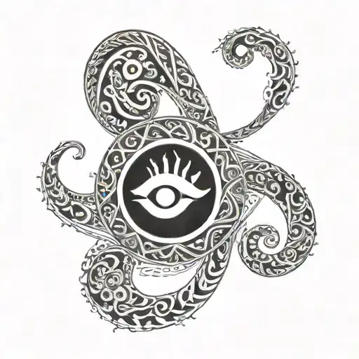 A tribal-inspired tattoo combining Aquarius and Sagittarius symbols, with a yin and yang motif, in a dotwork style tattoo design idea