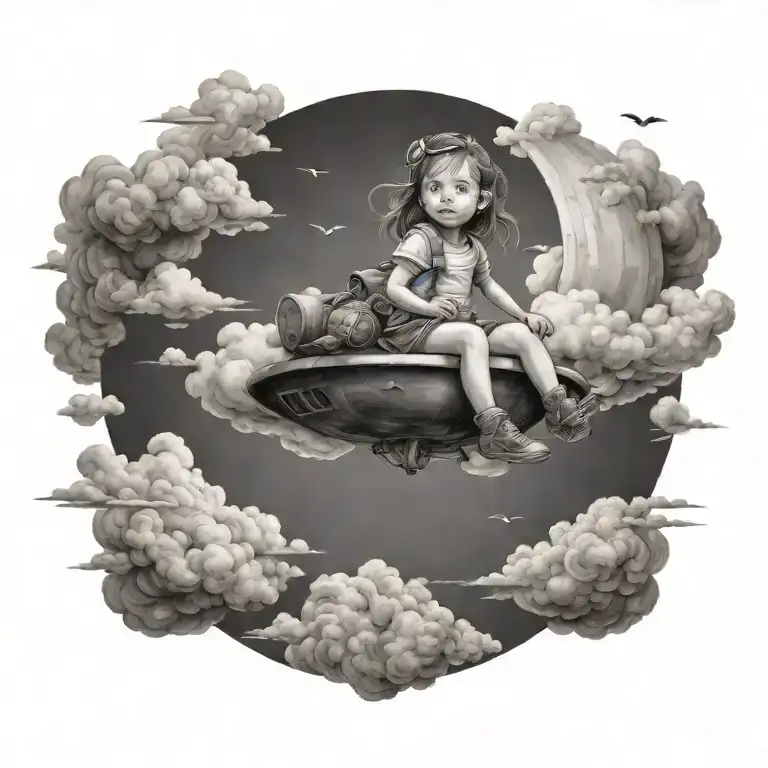 portal that shows a travling toddler girl on top on clouds in the sky, and she is looking for an adeventure tattoo design idea
