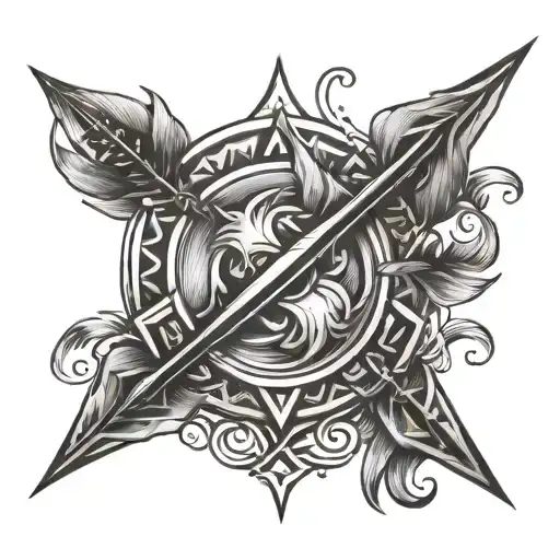 A tattoo design of a tribal arrow intertwined with a flame, symbolizing the client's passion for hiking and their adventurous spirit as a traveler tattoo design idea