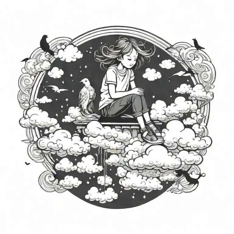 a portal that shows a little girl sitting on clouds on calm clouds with birds flying  tattoo design idea
