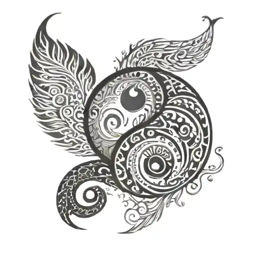 A yin and yang symbol with tribal patterns representing the balance between the client's love for hiking and their traveler lifestyle tattoo design idea
