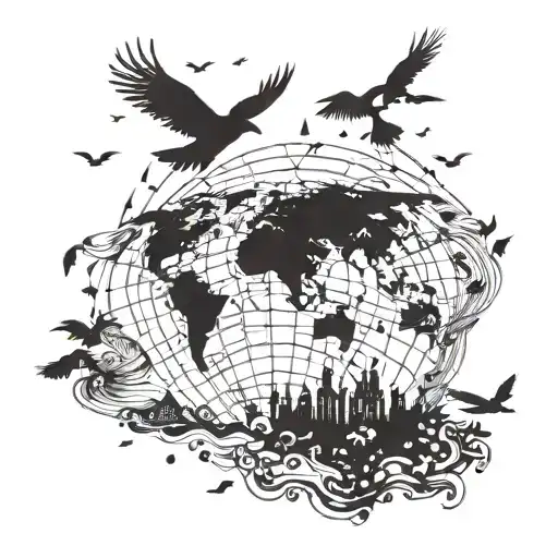 A silhouette of a traveler exploring a world map, with birds flying above symbolizing freedom and adventure tattoo design idea