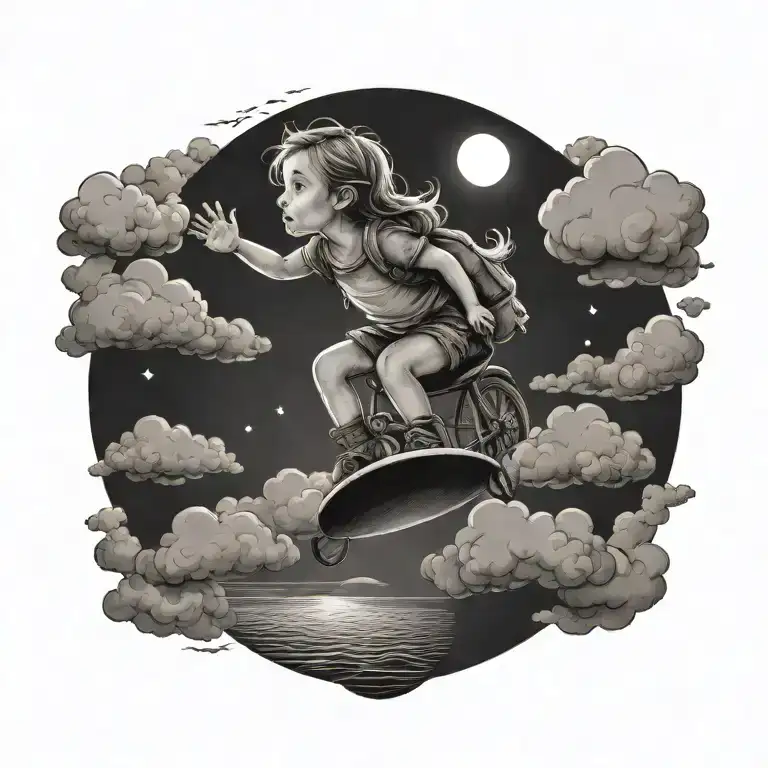portal that shows a adventurous travling toddler girl riding the clouds in the sky, looking at the sun over the horizon  tattoo design idea