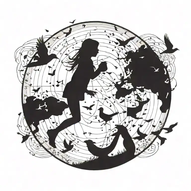 A silhouette of a female child traveler on a small planet, with birds flying above symbolizing freedom and adventure tattoo design idea