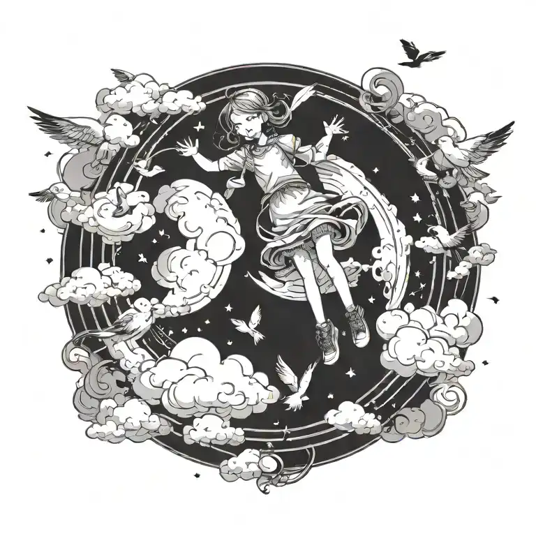 a portal that shows a little girl flying on the clouds with birds tattoo design idea