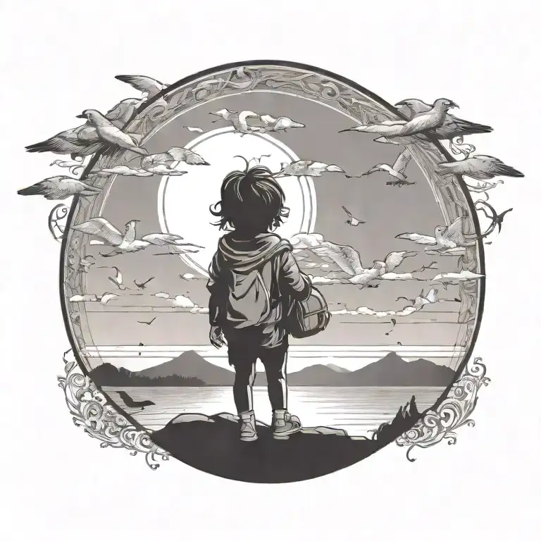 can you add a pet dog sitting next to the child and birds flying around tattoo's the circle tattoo design idea