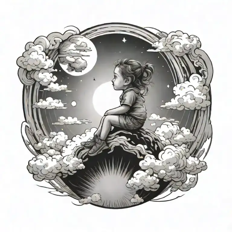 portal that shows a adventurous travling toddler girl on top of clouds in the sky, looking at the sun over the horizon  tattoo design idea