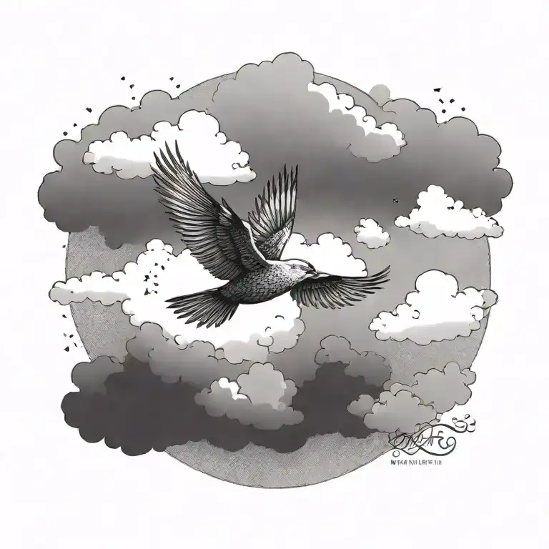one bird free and flying high up in a scene of clouds tattoo design idea