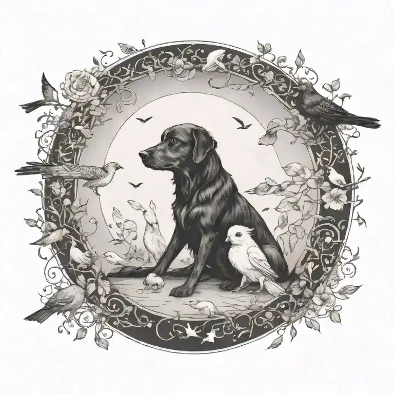 can you add a pet dog sitting next to the child and birds around tattoo's the circle tattoo design idea
