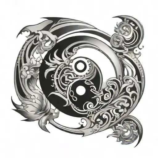 A yin and yang symbol with elements of wind and fire incorporated in a geometric design tattoo design idea