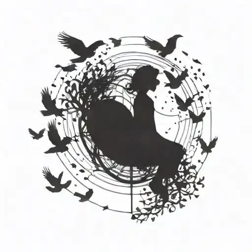 A silhouette of a female child traveler on a small world, with birds flying above symbolizing freedom and adventure tattoo design idea