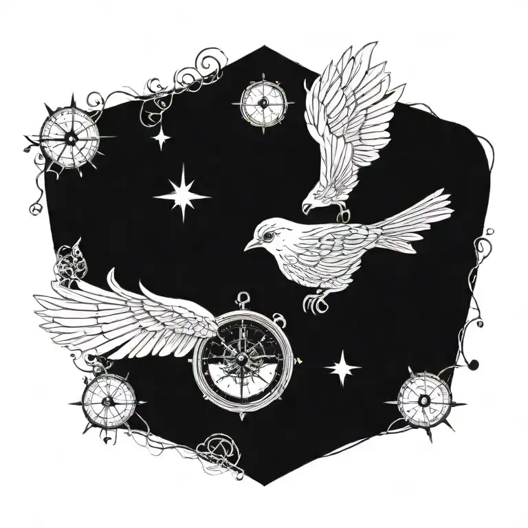 story of a happy, free, curios bird flying away, imcorparate a compass  tattoo design idea