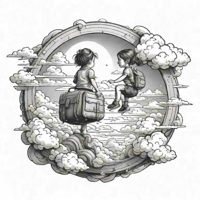 portal that shows a adventurous travling toddler girl on top of clouds (her back facing towards us) tattoo design idea
