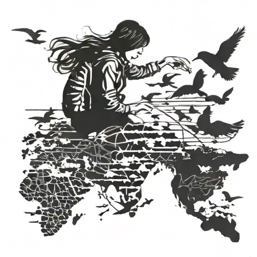 A silhouette of a female traveler exploring a world map, with birds flying above symbolizing freedom and adventure tattoo design idea