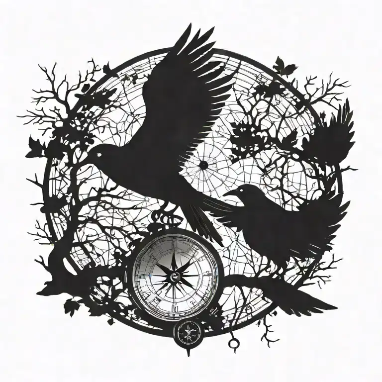 A silhouette of a bird flying over tree while it uses a compass over its neck tattoo design idea
