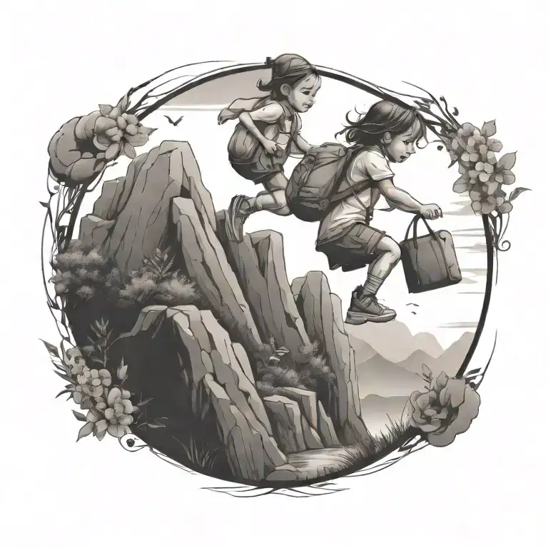 portal that shows a adventurous travling toddler girl being free and happy in beutriful  nature tattoo design idea