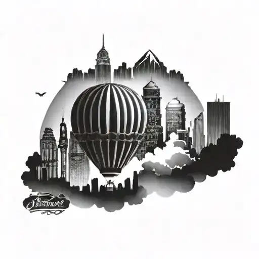 A majestic hot air balloon soaring over a city skyline, capturing the essence of freedom and the thrill of exploring new destinations tattoo design idea