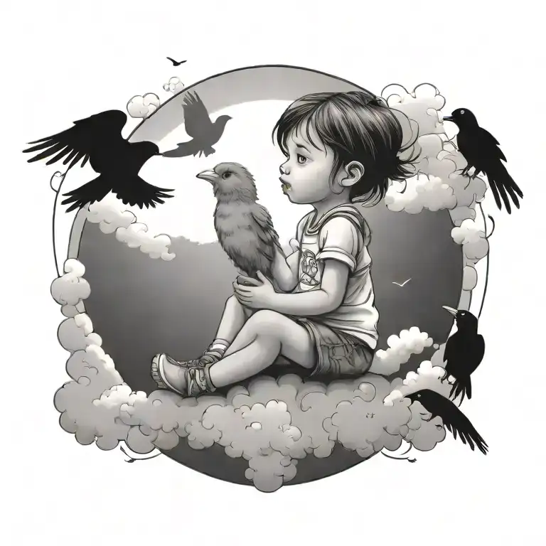 portal that shows a toddler girl sitting on calm clouds with birds flying around her, and she is ready for an adventure tattoo design idea