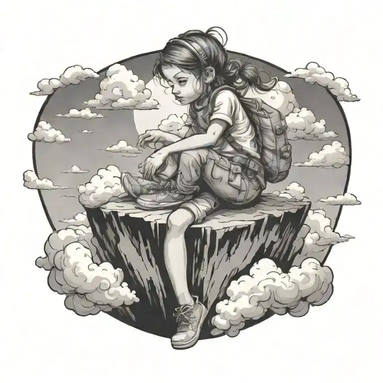 portal that shows a adventurous travling toddler girl sitting on top of clouds in the sky, looking over the horizon  tattoo design idea