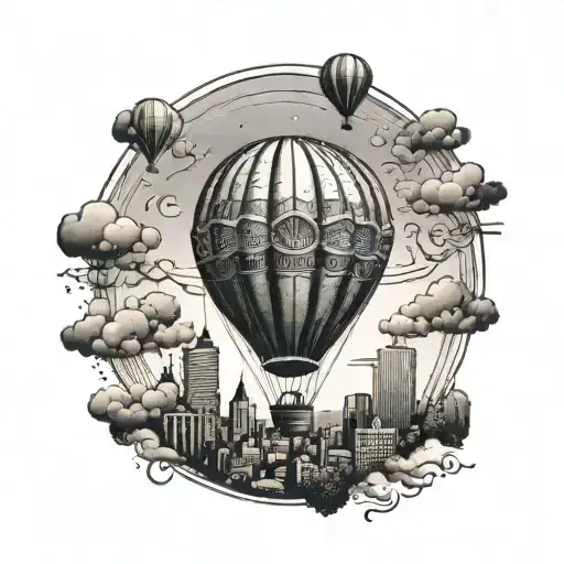 A majestic hot air balloon soaring over a city skyline, capturing the essence of freedom and the thrill of exploring new destinations tattoo design idea