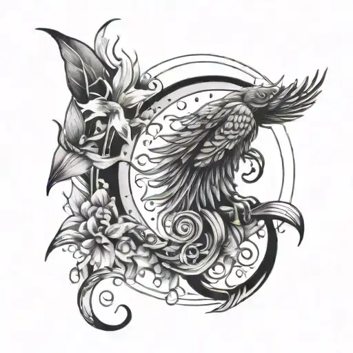 A tattoo design representing the concept of freedom, with elements of wind and fire incorporated, in a blackwork style tattoo design idea