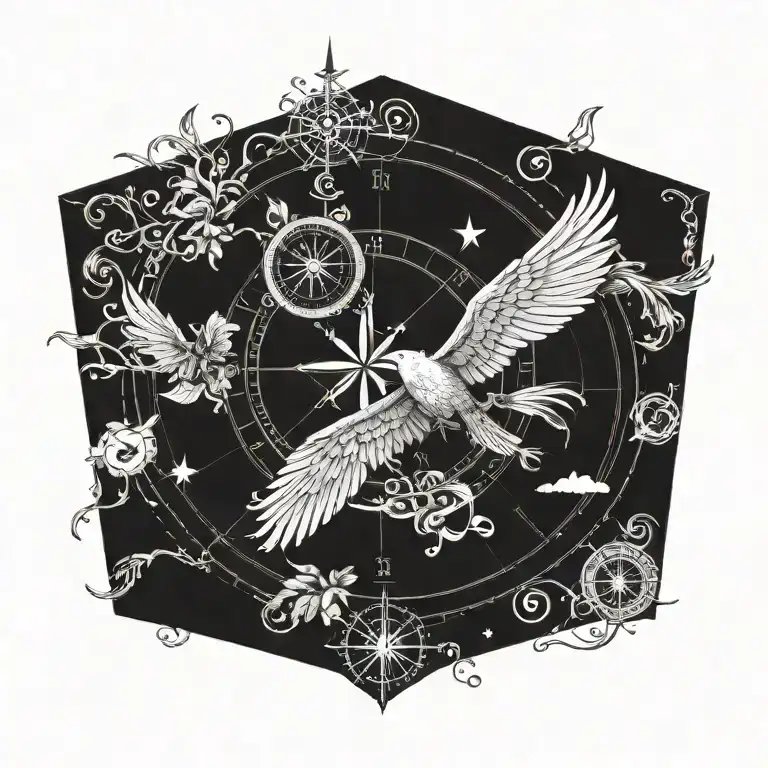 story of a happy, free, curios bird flying away, imcorparate a compass  tattoo design idea
