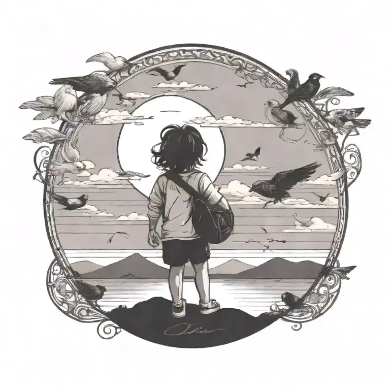 can you add a pet dog sitting next to the child and birds around tattoo's the circle tattoo design idea