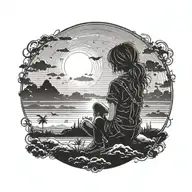 a small girl travelersilhouette gazing at a sunset over the horizon, it should feel happy and free tattoo design idea