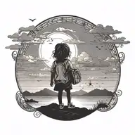 a small girl travelersilhouette gazing at a sunset over the horizon, it should feel happy and free tattoo design idea