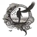 A black-grey tattoo of a traveler's silhouette gazing at a sunset over a horizon filled with migrating birds, evoking a  tattoo design idea