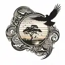 A black-grey tattoo of a traveler's silhouette gazing at a sunset over a horizon filled with migrating birds, evoking a  tattoo design idea