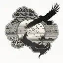 A black-grey tattoo of a traveler's silhouette gazing at a sunset over a horizon filled with migrating birds, evoking a  tattoo design idea