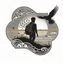 A black-grey tattoo of a traveler's silhouette gazing at a sunset over a horizon filled with migrating birds, evoking a  tattoo design idea