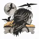 A black-grey tattoo of a female child traveler' silhouette gazing at a sunset over a horizon filled with migrating birds tattoo design idea