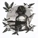 A black-grey tattoo of a female child traveler' silhouette gazing at a sunset over a horizon filled with migrating birds tattoo design idea