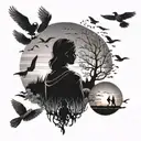 A black-grey tattoo of a female child traveler' silhouette gazing at a sunset over a horizon filled with migrating birds tattoo design idea