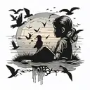 A black-grey tattoo of a female child traveler' silhouette gazing at a sunset over a horizon filled with migrating birds tattoo design idea