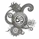 A tribal-inspired tattoo combining Aquarius and Sagittarius symbols, with a yin and yang motif, in a dotwork style tattoo design idea