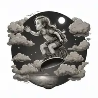 portal that shows a adventurous travling toddler girl riding the clouds in the sky, looking at the sun over the horizon  tattoo design idea