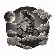 portal that shows a adventurous travling toddler girl riding the clouds in the sky, looking at the sun over the horizon  tattoo design idea