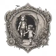 portal that shows a adventurous travling toddler girl being free and happy in  nature tattoo design idea