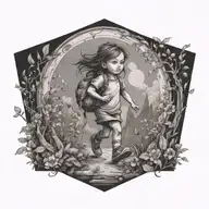 portal that shows a adventurous travling toddler girl being free and happy in  nature tattoo design idea