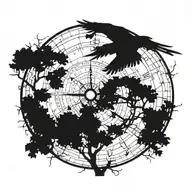 A silhouette of a bird flying over tree while it uses a compass tattoo design idea