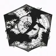 A silhouette of a bird flying over tree while it uses a compass tattoo design idea