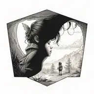 portal that shows a adventurous travling toddler girl being free in beutiful nature (her back facing towards us) tattoo design idea