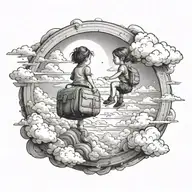 portal that shows a adventurous travling toddler girl on top of clouds (her back facing towards us) tattoo design idea