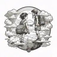 portal that shows a adventurous travling toddler girl on top of clouds (her back facing towards us) tattoo design idea