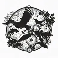 A silhouette of a bird flying over tree while it uses a compass over its neck tattoo design idea