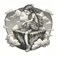 portal that shows a adventurous travling toddler girl sitting on top of clouds in the sky, looking over the horizon  tattoo design idea