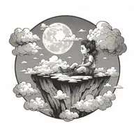 portal that shows a adventurous travling toddler girl sitting on top of clouds in the sky, looking over the horizon  tattoo design idea